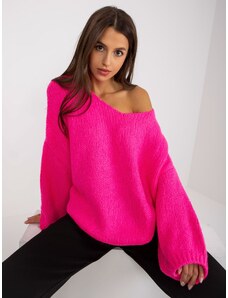 Fashionhunters Fluo pink oversize sweater with V neckline V rue paris