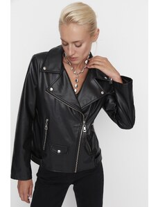 Trendyol Black Oversized Pocket részletesen kidolgozott műbőr motoros kabát kabát