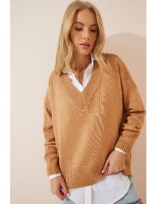 Happiness İstanbul Women's Camel V-Neck Oversize Knitwear Sweater