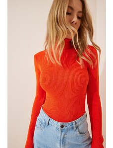 Happiness İstanbul Women's Orange Turtleneck Corduroy Lycra Knitwear Sweater