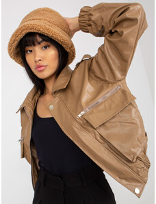 Fashionhunters Dark beige short eco-leather jacket with pockets