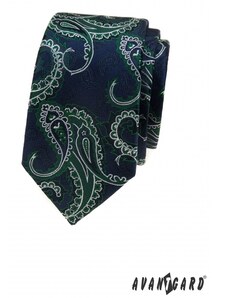 Avantgard Kék keskeny nyakkendő, zöld paisley mintás