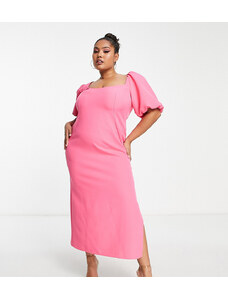 ASOS Curve ASOS DESIGN Curve puff sleeve midi dress with asym neck line in hot pink