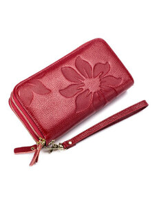 Piros színű nagy méretű bőr pénztárca nyomott virágos mintával (1024.)