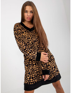 Fashionhunters Camel and black loose velour dress with prints