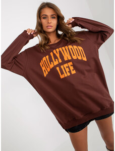 Fashionhunters Dark brown and orange oversized long sweatshirt with slogan