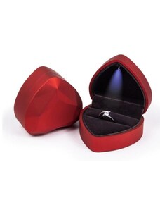 Ékszerkirály Prémium, szív alakú ékszerdoboz gyűrűnek, LED VIlágítással, Vörös