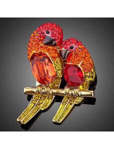 Arannyal bevont exkluzív papagájpár bross piros színű Swarovski kristályokkal (1278.)