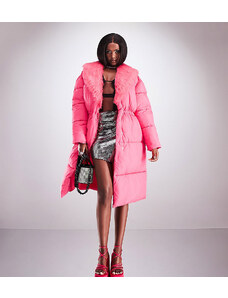 ASYOU cinched waist maxi puffer coat with faux fur trim in pink