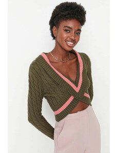 Trendyol Khaki Crop részletes kötöttáru pulóver