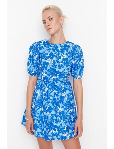Trendyol kék virágos mini szőtt ruha deréknyitható hátsó részlettel