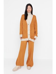 Trendyol Mustard Stripe Detailed Cardigan-Pants Knitwear Set