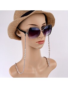 Szemüveg-/napszemüveg-tartó lánc pezsgőszínű szimulált gyöngyökkel, kristályokkal (0834.)