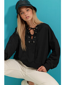 Trendyol, Fűzős oversized női pulóver, Fekete, S