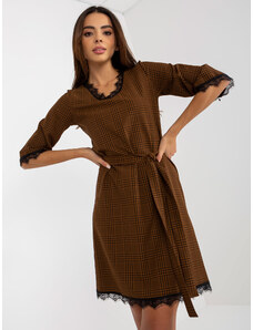 Fashionhunters Light brown and black plaid cocktail dress with tie