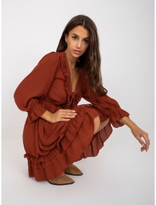 Fashionhunters Brick red minidress with ruffle in boho style OCH BELLA