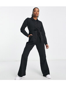 ASOS Petite ASOS DESIGN Petite long sleeve twill boilersuit with collar in black