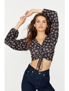 Trendyol Black Floral Print Shirring Detailed Fitted/Sleeping Crop V-Neck Knitted Blouse