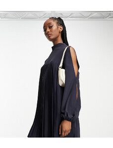 ASOS Tall ASOS DESIGN Tall high neck pleated trapeze mini dress with split sleeves in navy