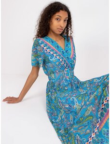 Fashionhunters Blue midi paisley dress with swaddling neckline