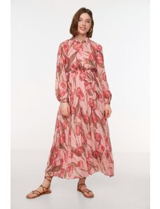 Trendyol rózsaszín virágmintás ing gallér övvel bélelt sifon szőtt ruha