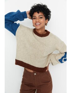 Trendyol Stone puha texturált színes blokk kötöttáru pulóver