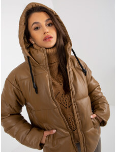 Fashionhunters Camel down jacket made of eco-leather with stitching