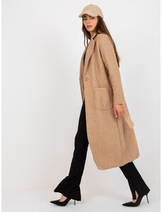 Fashionhunters Beige plush maxi coat with belt Merve OCH BELLA