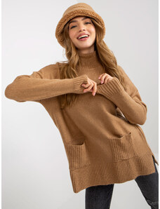 Fashionhunters Camel long oversize sweater with pockets and turtleneck