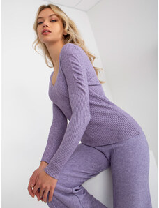 Fashionhunters Classic purple ribbed sweater with puffed sleeves