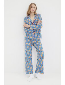 Trendyol Blue 100% pamut karácsonyi témájú kötött pizsama szett