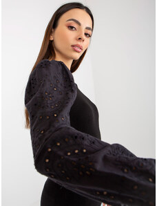 Fashionhunters Black ribbed formal blouse with openwork sleeves by OCH BELLA