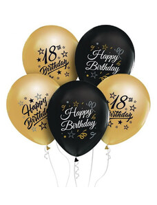 Boldog Születésnapot Gold-Black arany-fekete happy birthday 18 léggömb lufi 5 db-os
