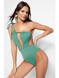 Trendyol Green One-Shoulder Cut Out/Windowed High Leg Swimsuit