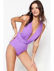 Trendyol Purple mélydekoltázs draped normál lábú fürdőruha