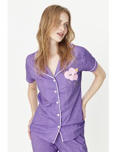 Trendyol lila pamut mintás ing-nadrág kötött pizsama szett