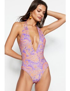 Trendyol Paisley Patterned Swimwear with a deep neckline and low-cut back, normal legs