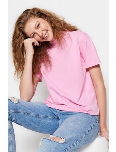 Trendyol Pink 100% Cotton Basic Stand-Up Collar Knitted T-Shirt