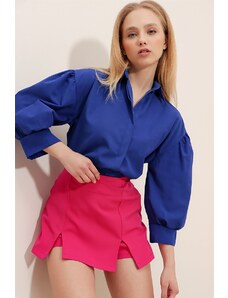 Trend Alaçatı Stili Women's Sax Balloon Sleeve Basic Poplin Shirt with Concealed Pop-up