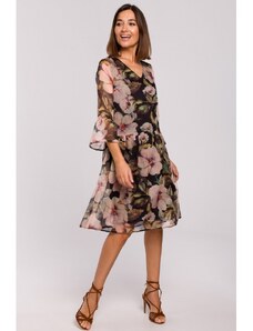 Stylove Virágos női ruha Iseulon S214 fekete-rózsaszín L