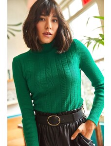 Olalook női smaragdzöld fél garbó cikk-cakk texturált puha kötöttáru pulóver