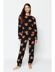 Trendyol Black 100% pamut mackó mintás póló-jogger kötött pizsama szett