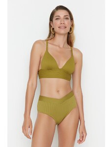 Trendyol Oil Green V-Cut texturált magas derekú normál lábú bikini alsó