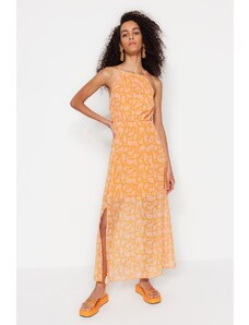 Trendyol Orange A-Line Maxi szőtt bélelt hasított virágmintás szőtt ruha