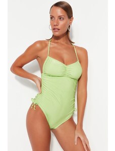 Trendyol Green Strapless Pleated Textured High Leg Swimsuit