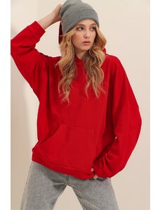 Trend Alaçatı Stili női piros kapucnis kenguru zseb 3 szál vastag pulóver