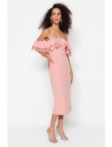 Trendyol halvány rózsaszín testhezálló szőtt flounce elegáns estélyi ruha