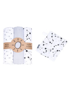 MTT Textil pelenka 3 db + Mosdatókesztyű - Szürke-Fehér - Csillagok és virágok