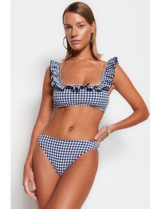 Trendyol Navy Blue Gingham texturált Bralette Flounceed Bikini Top