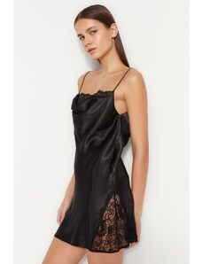 Trendyol Black Lace and Degaje Detailed Rope Strap Satin Woven Nightdress
